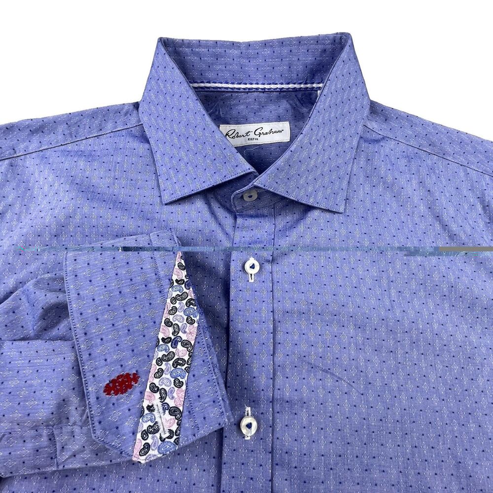 Robert Graham Shirt Mens Large 14.5 42 Blue Geometric Dot Paisley Flip Cuffs